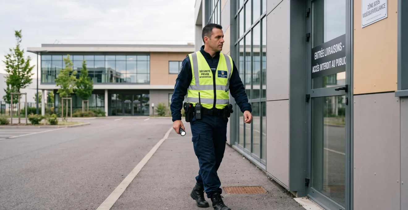 Agent de sécurité en uniforme professionnel avec gilet réfléchissant et talkie-walkie effectuant une ronde de surveillance dans un site commercial français moderne