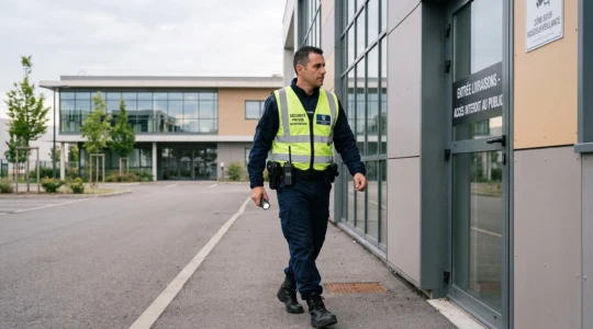 Agent de sécurité en uniforme professionnel avec gilet réfléchissant et talkie-walkie effectuant une ronde de surveillance dans un site commercial français moderne