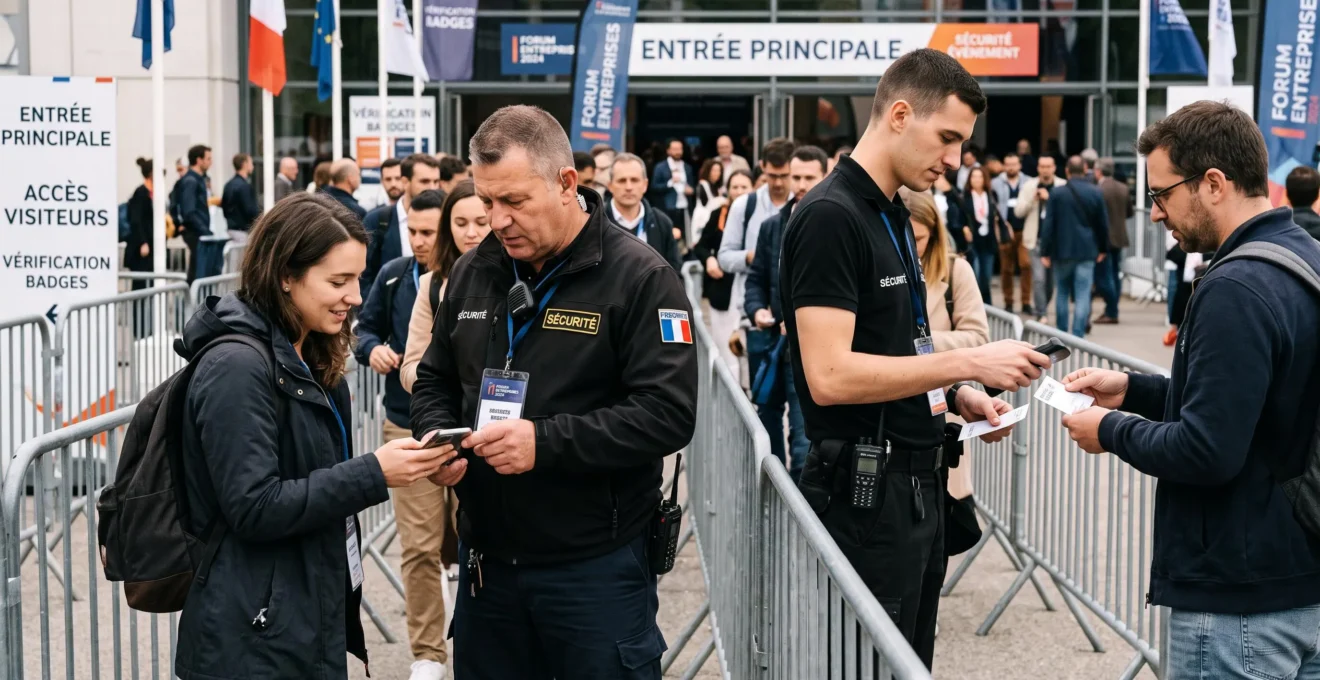 Agents de sécurité événementielle en uniforme contrôlant les accès et vérifiant les billets de visiteurs à l'entrée d'un événement en France