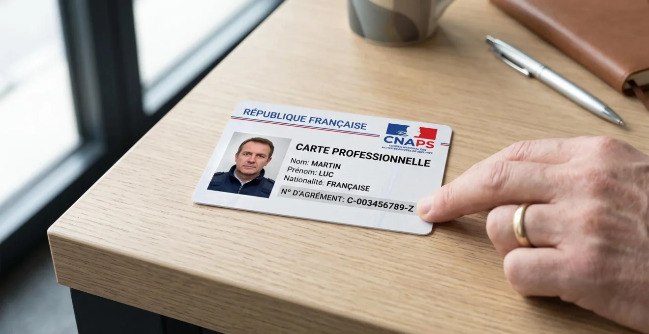 Carte professionnelle d'agent de sécurité française avec logo CNAPS officiel posée sur un bureau professionnel moderne lors d'une vérification d'agrément