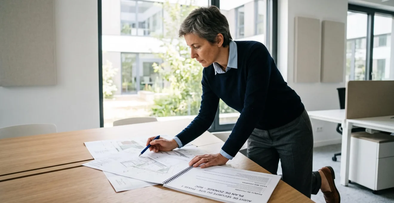 Responsable sécurité analysant des plans architecturaux et documents d'audit de sécurité sur une table de travail dans un bureau moderne français