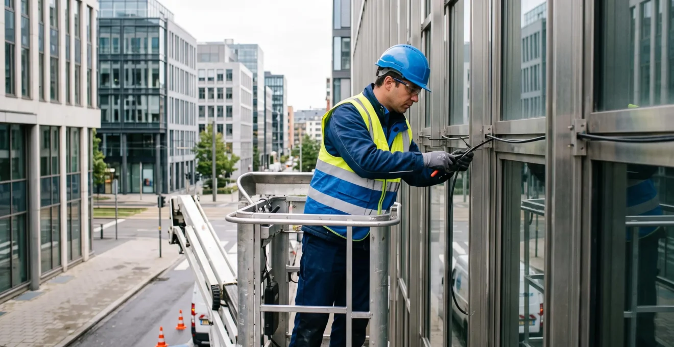 Technicien télécom installant un câble fibre optique sur la façade d'un immeuble de bureaux moderne au Luxembourg