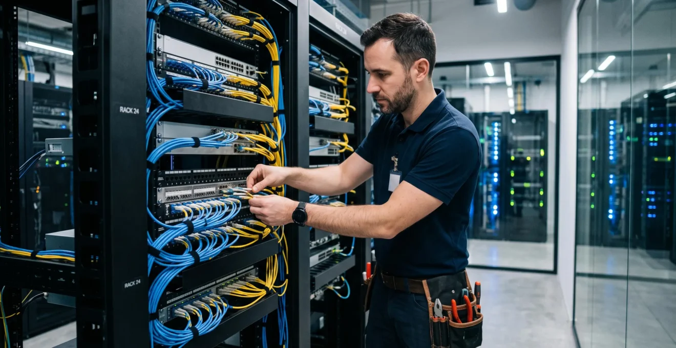 Technicien réseau travaillant dans une salle serveur, installant des équipements dans une armoire de brassage remplie de câbles et switches réseau