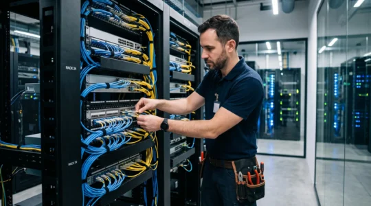 Technicien réseau travaillant dans une salle serveur, installant des équipements dans une armoire de brassage remplie de câbles et switches réseau