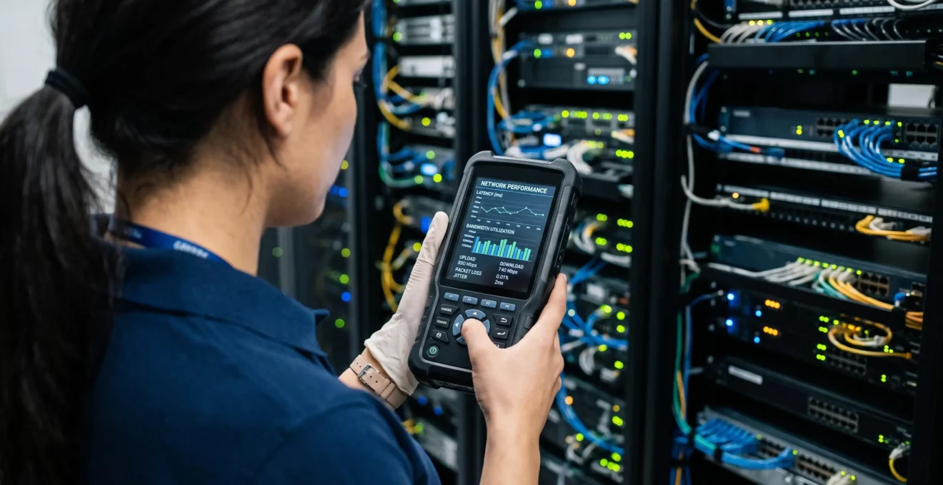 Technicien réseau utilisant un analyseur professionnel pour tester et mesurer les performances de connexion et la bande passante
